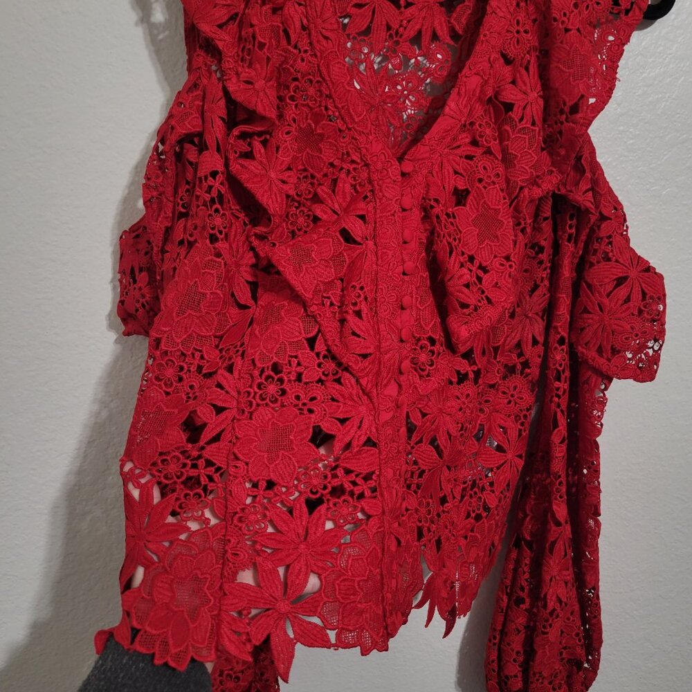 Bardot Red Lace Cold-Shoulder Ruffled Blouse - Picture 8 of 13